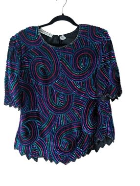 Scala 80's Vintage 100% Silk Sequin Swirl Funky Peacock Evening Top Size 1X